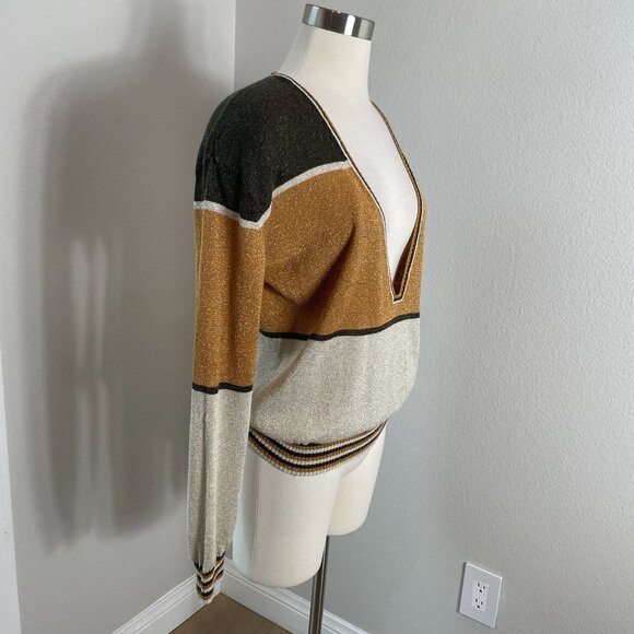 Free People Womens Medium Metallic Deep V Neck Sweater Gold Dust Pullover Top - Picture 5 of 14